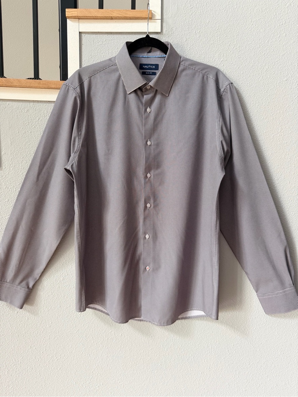 Nautica Men's Slim Fit Dress Shirt 16-16.5 34/35 Large Gray Micro Check LS